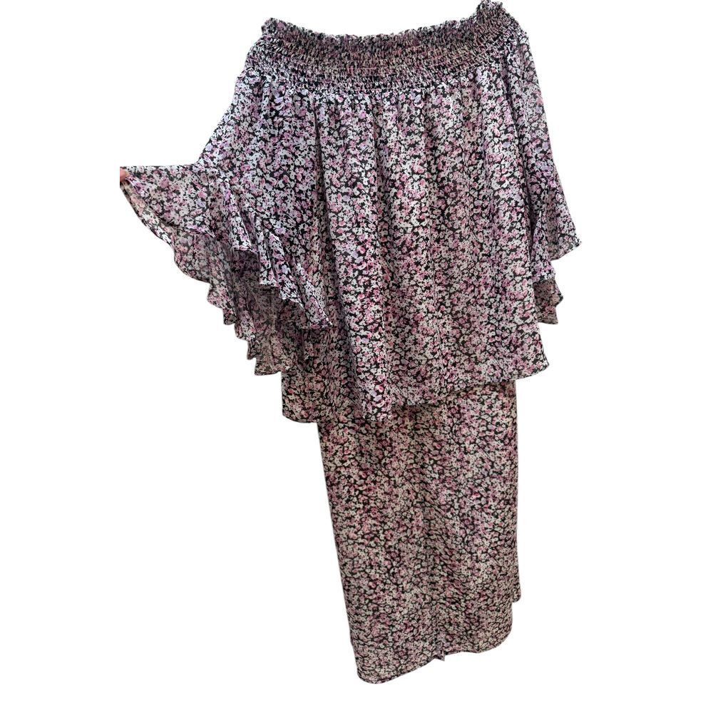 Floral Off Shoulder Two Piece Set Palazzo Pants Wide‎ Leg Top Pink Black SZ M